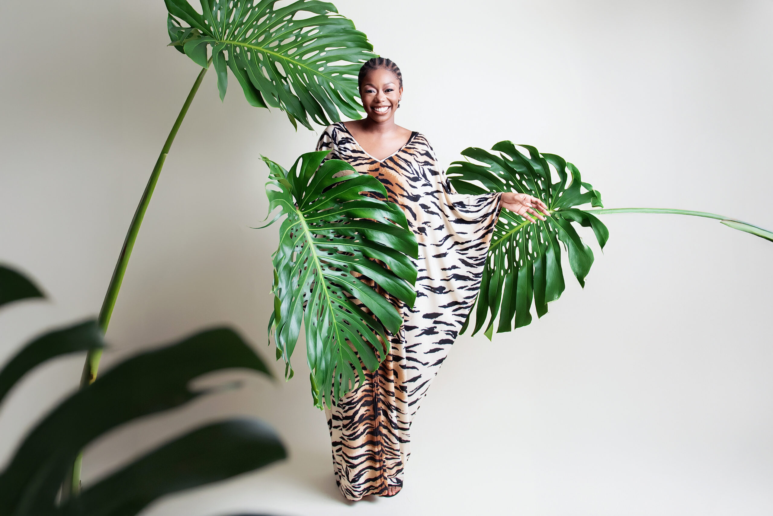 Fluidity Clothing lady with leaves in printed dress