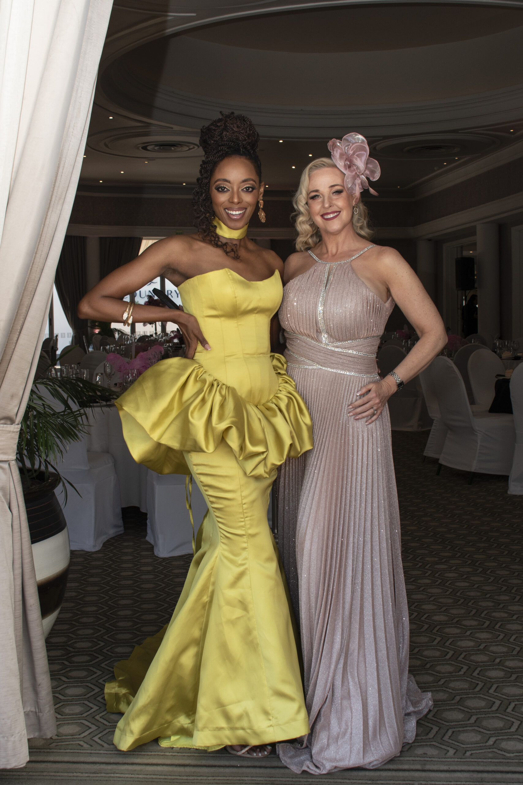 The Pink Society Carmen Cares Foundation Tshego Gaelae and Tandi Potgieter in Diaan Daniels Couture