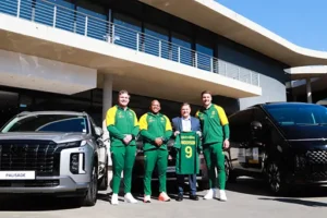 Hyundai Springboks partnership. Display of Springbok rugby jerseys with names De Klerk, Am, Pollard, and Kolisi, sponsored by Hyundai.