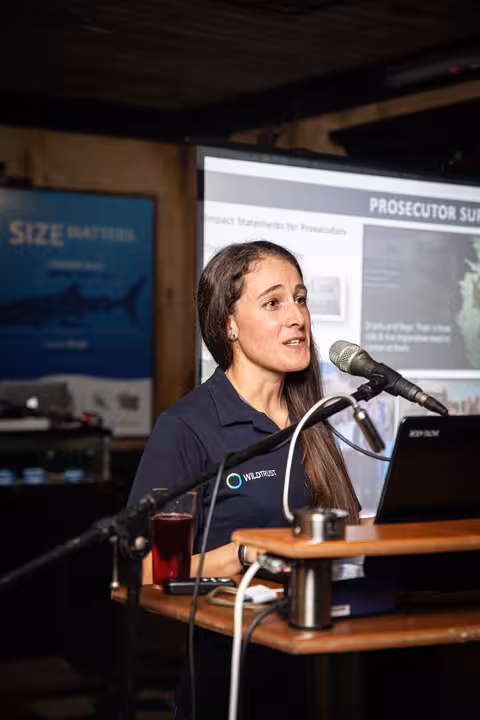 A woman speaking at a podium, with a presentation slide showing "PROSECUTOR SURV