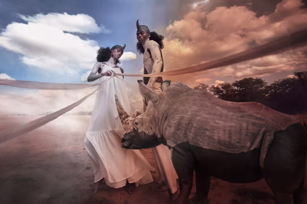 A composite image from the rhino conservation campaign showing two models with horns standing alongside a large rhino, blurring the lines between human and animal.