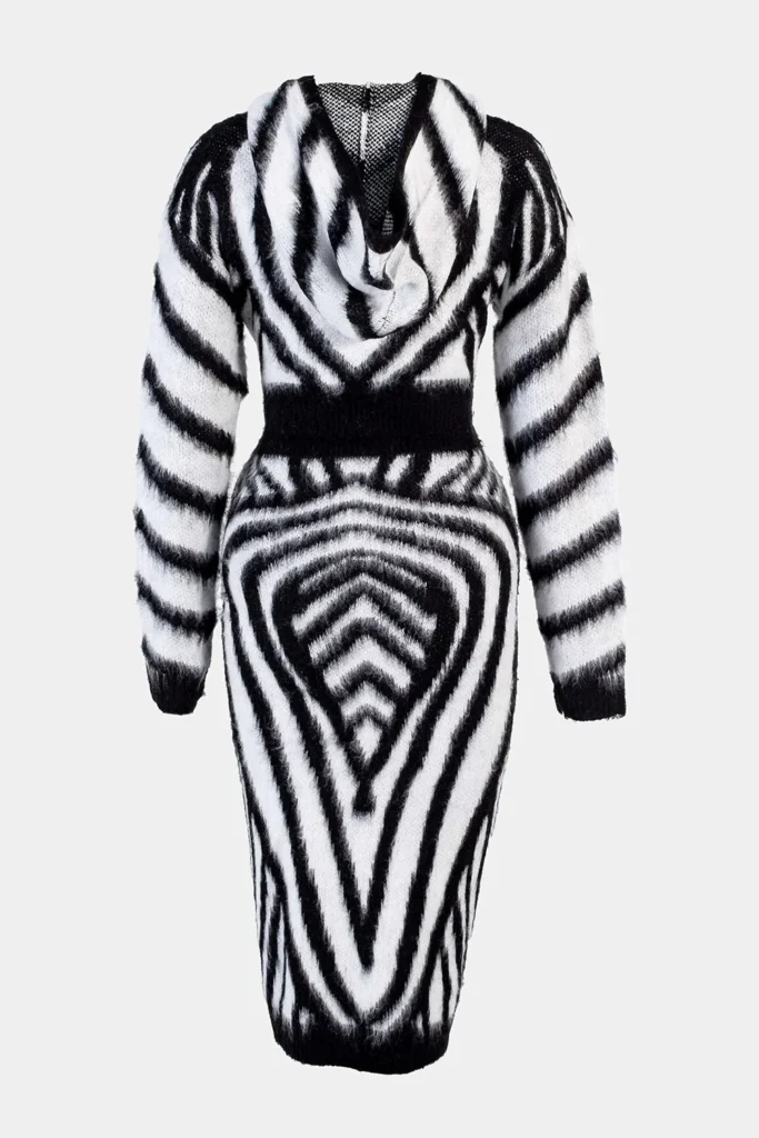 Gert-Johan Coetzee Mohair Knit Dress with black and white zebra print and hood.