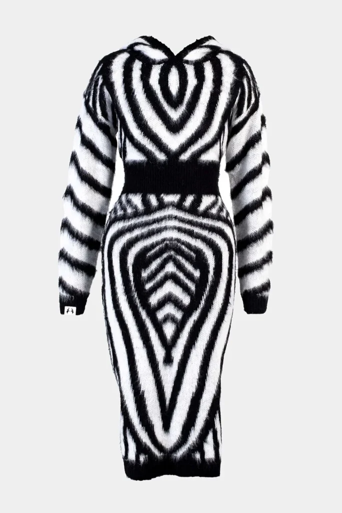 Gert-Johan Coetzee Mohair Knit Dress with black and white zebra print and hood.