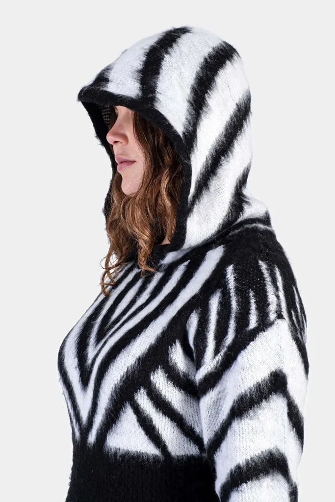 Gert-Johan Coetzee Mohair Knit Dress with black and white zebra print and hood.
