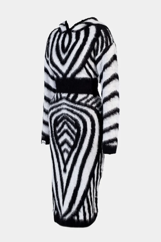 Gert-Johan Coetzee Mohair Knit Dress with black and white zebra print and hood.