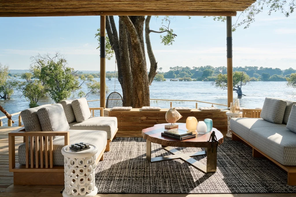 An outdoor lounge area at the Rapids View Villa, a luxury lodge near the Hippo Creek Villa safari Victoria Falls.