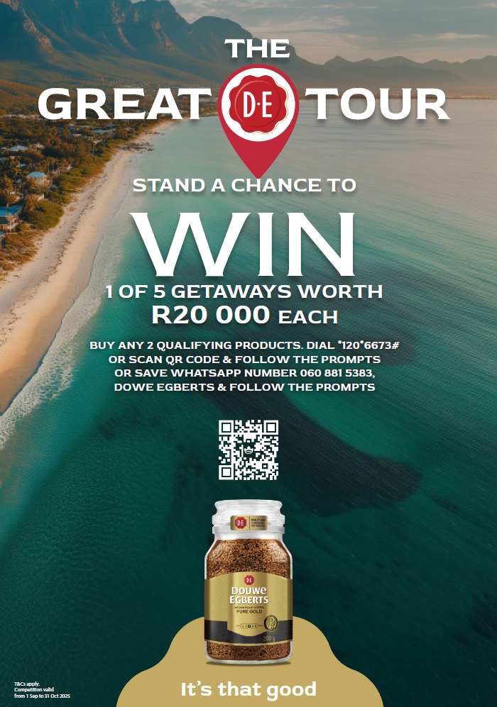 A promotional poster for "The Great D.E. Tour" showing a beach scene with mountains, offering a chance to win getaways. A jar of Douwe Egberts Pure Gold coffee is at the bottom of the poster. The key phrase "Douwe Egberts Coffee Adventure" is included.