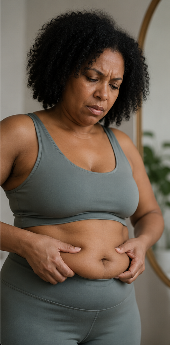weight gain after 40 lady looking at stomach