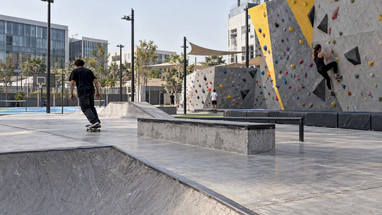 Skatepark and climbing walls at The Block