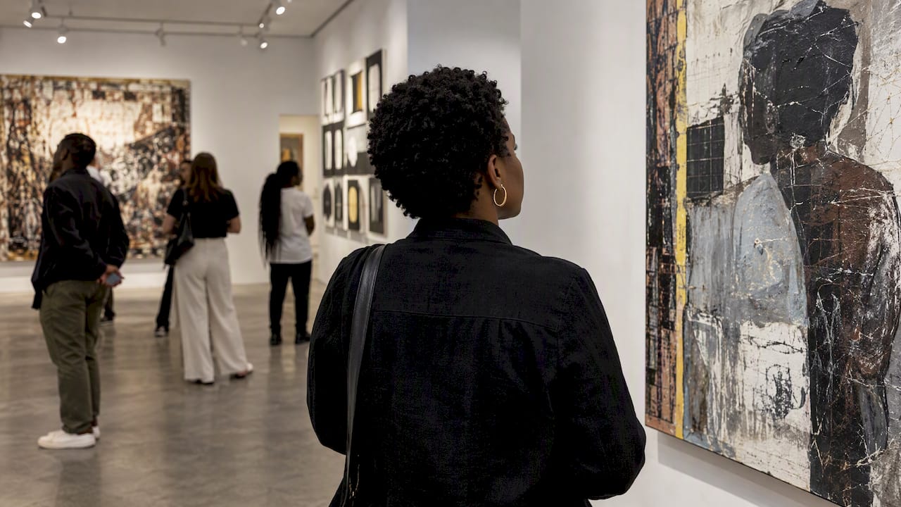 Visitors viewing art during a Keyes evening opening