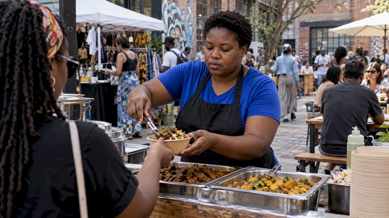 Vendor serving food at Arts on Main market