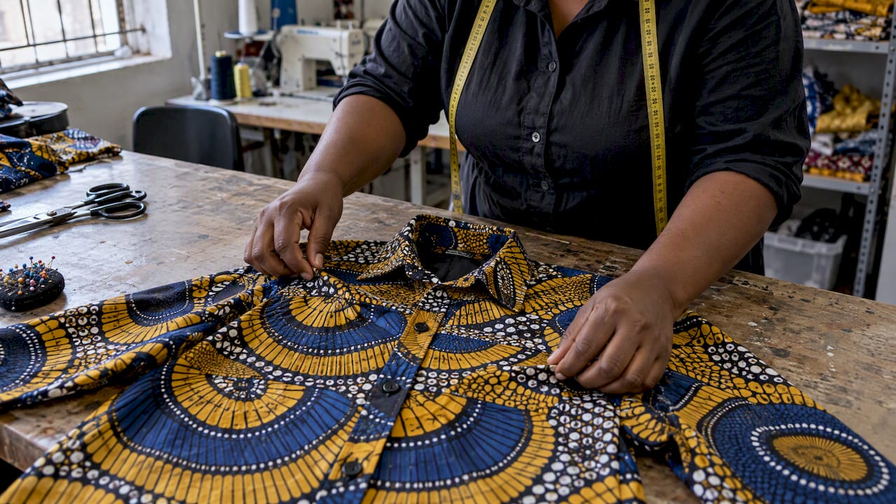 Tailor checks wax print alignment at garment seams