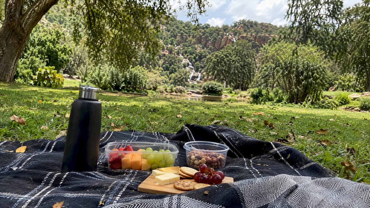 Picnic blanket and cold drink on garden lawn